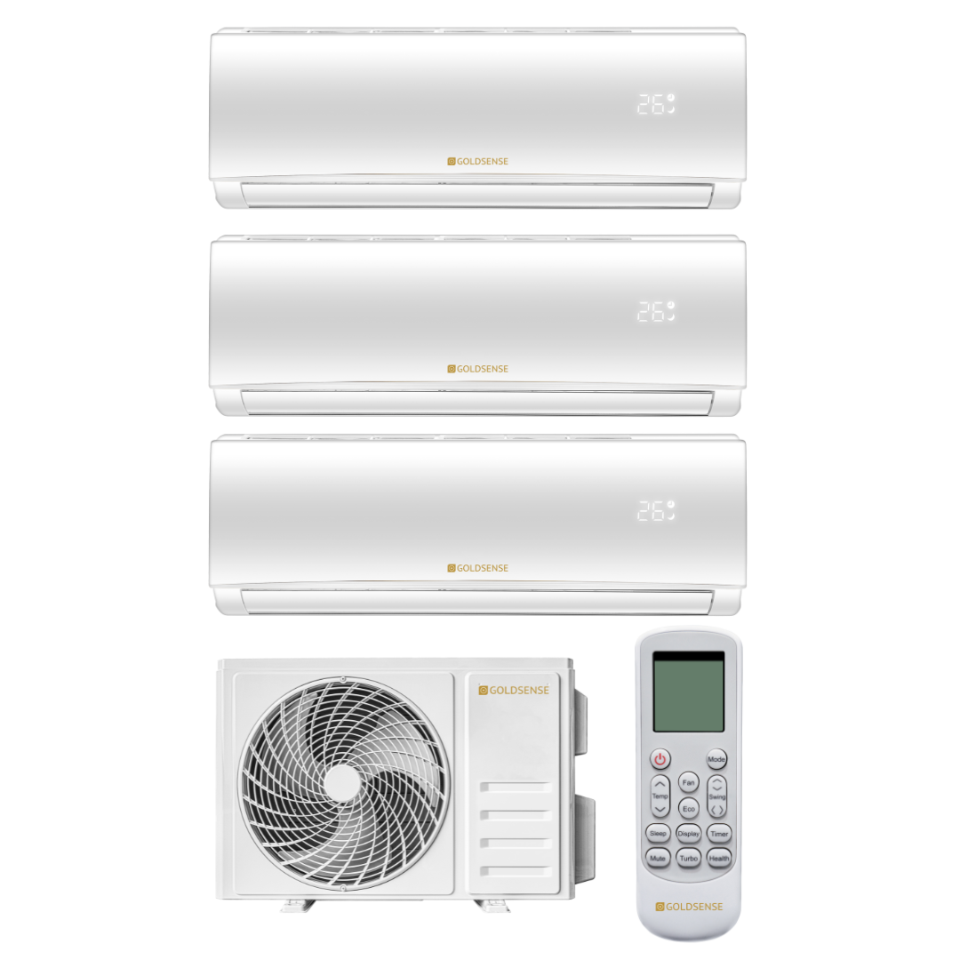 Aparat aer conditionat Goldsense Defender, sistem multisplit trei incaperi, trei interne 9000 btu/h, I Feel, filtru carbon activ, auto curatare, smart air flow